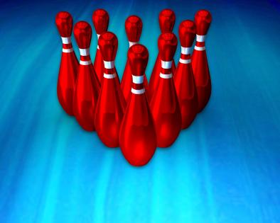 Group of red pins of bowling game stock photo