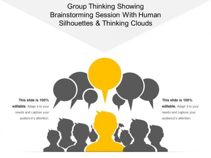 Group thinking showing brainstorming session with human silhouettes and thinking clouds