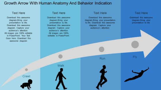 Growth arrow with human anatomy and behavior indication flat powerpoint design