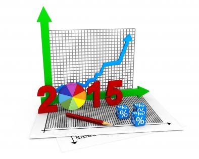 Growth arrow with pie chart for 2015 stock photo