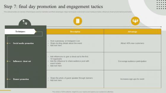 Guide For Effective Event Marketing Step 7 Final Day Promotion And Engagement Tactics