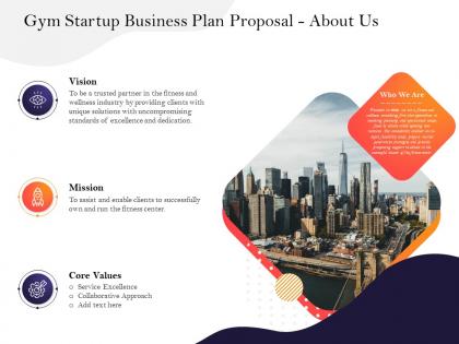 Gym startup business plan proposal about us assist ppt powerpoint presentation clipart