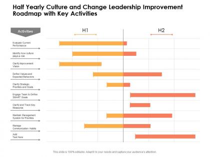 Half yearly culture and change leadership improvement roadmap with key activities