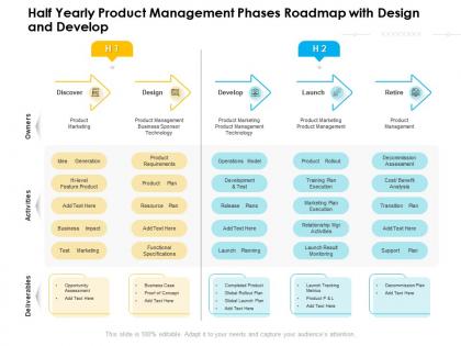 Half yearly product management phases roadmap with design and develop