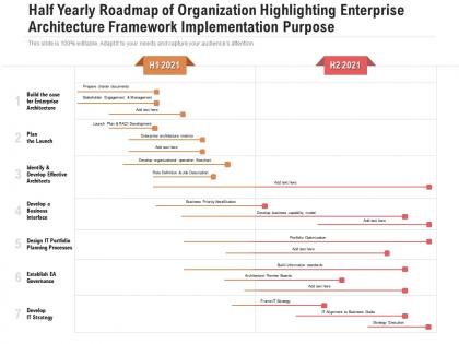 Half yearly roadmap of organization highlighting enterprise architecture framework implementation purpose