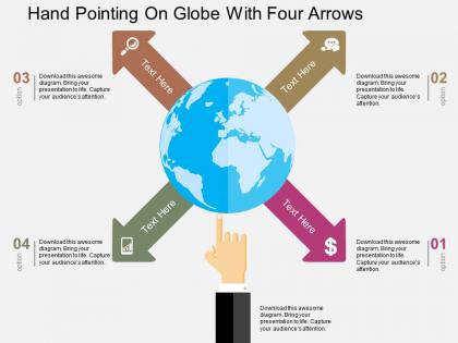 Hand pointing on globe with four arrows flat powerpoint design