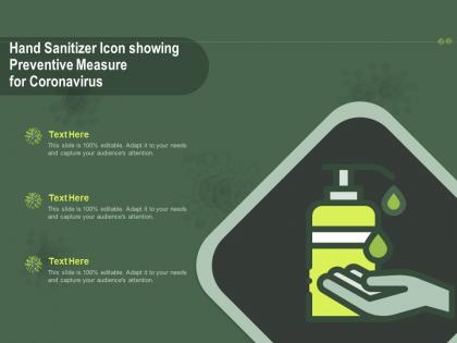 Hand sanitizer icon showing preventive measure for coronavirus ppt powerpoint presentation portfolio background