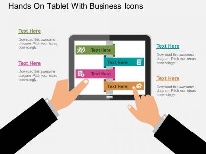 Hands on tablet with business icons flat powerpoint design