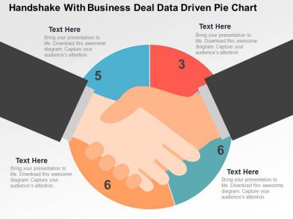 Handshake with business deal data driven pie chart powerpoint slides