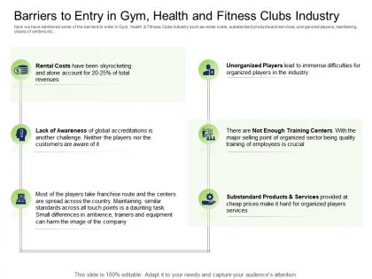 Health and fitness industry barriers to entry in gym health and fitness clubs industry ppt summary