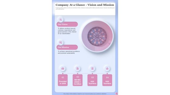 Health And Fitness Playbook Company At A Glance Vision And Mission One Pager Sample Example Document