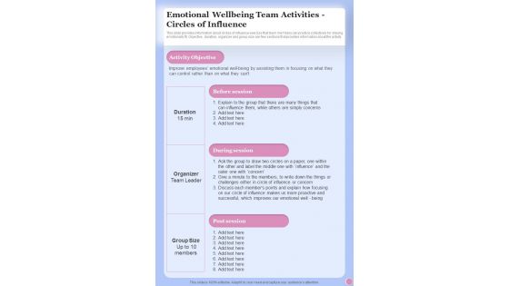 Health And Fitness Playbook Emotional Wellbeing Team Activities One Pager Sample Example Document