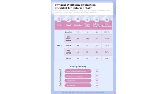 Health And Fitness Playbook Physical Wellbeing Evaluation Checklist One Pager Sample Example Document