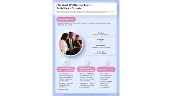 Health And Fitness Playbook Physical Wellbeing Team Activities Squats One Pager Sample Example Document