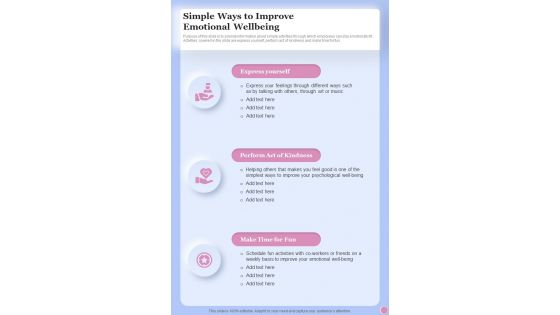 Health And Fitness Playbook Simple Ways To Improve Emotional One Pager Sample Example Document
