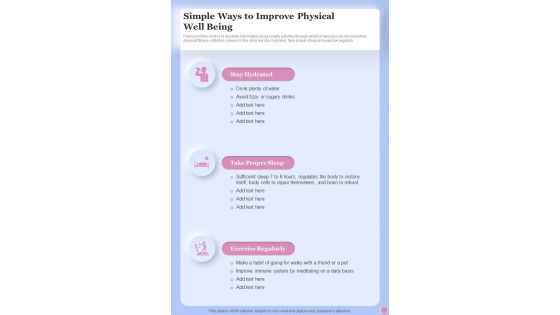 Health And Fitness Playbook Simple Ways To Improve Physical Well Being One Pager Sample Example Document