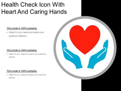 Health check icon with heart and caring hands