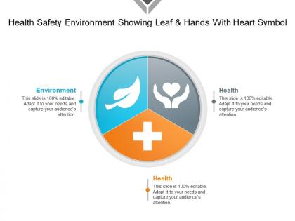 Health safety environment showing leaf and hands with heart symbol