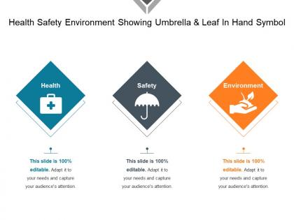 Health safety environment showing umbrella and leaf in hand symbol