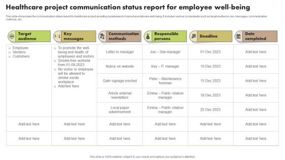 Healthcare Project Communication Status Report For Employee Well-Being