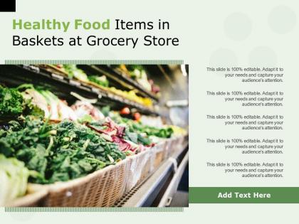 Healthy food items in baskets at grocery store