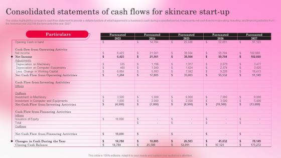 Healthy Skincare Cosmetic Consolidated Statements Of Cash Flows For Skincare Start Up BP SS