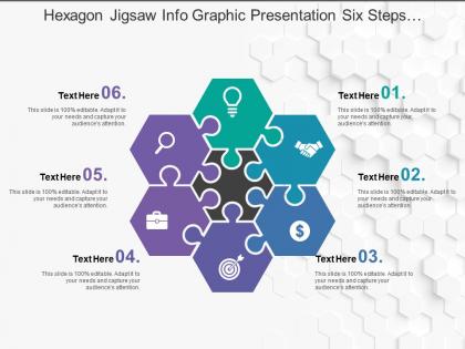 Hexagon jigsaw info graphic presentation six steps business workflow