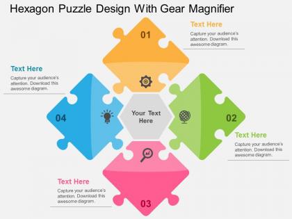 Hexagon puzzle design with gear magnifier flat powerpoint design