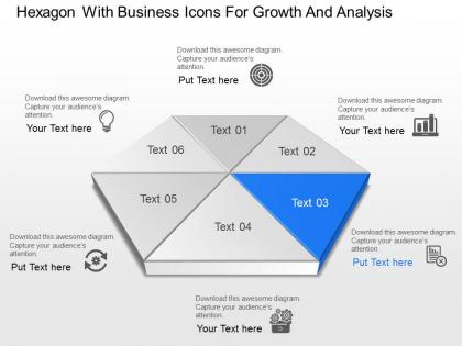 Hexagon with business icons for growth and analysis powerpoint template slide