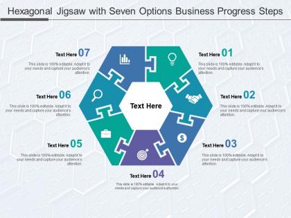 Hexagonal jigsaw with seven options business progress steps