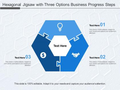 Hexagonal jigsaw with three options business progress steps