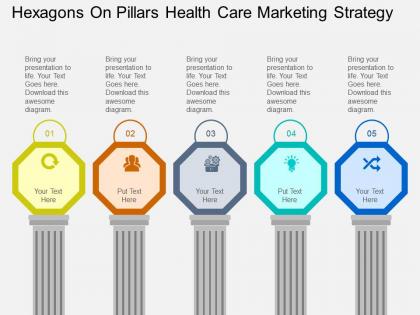 Hexagons on pillars health care marketing strategy flat powerpoint desgin