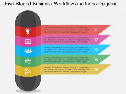 Hi five staged business workflow and icons diagram flat powerpoint design