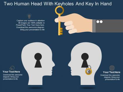 Hi two human head with keyholes and key in hand powerpoint template