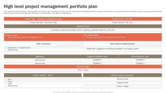 High Level Project Management Portfolio Plan