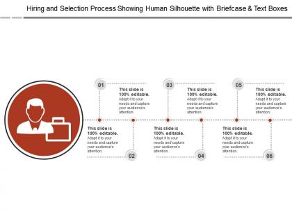 Hiring and selection process showing human silhouette with briefcase and text boxes