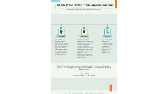 Hiring Brand Advocate Services For Case Study One Pager Sample Example Document