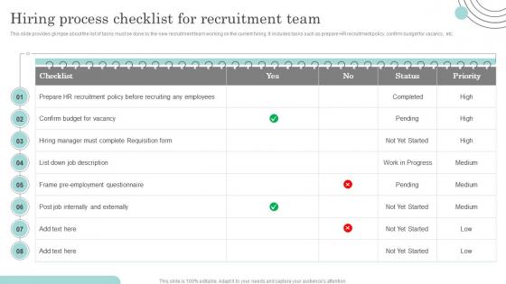 Hiring Process Checklist For Recruitment Team Actionable Recruitment And Selection Planning Process