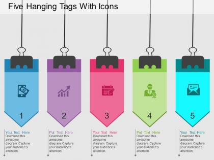 Ho five hanging tags with icons flat powerpoint design