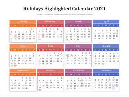 Holidays highlighted calendar 2021