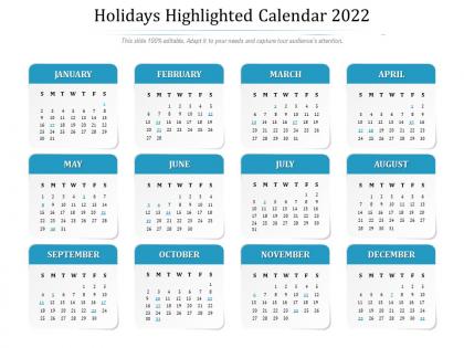 Holidays highlighted calendar 2022