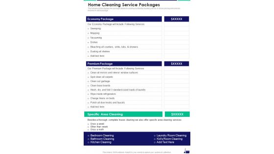 Home Cleaning Service Packages One Pager Sample Example Document
