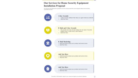 Home Security Equipement Instalaltion Our Services For One Pager Sample Example Document