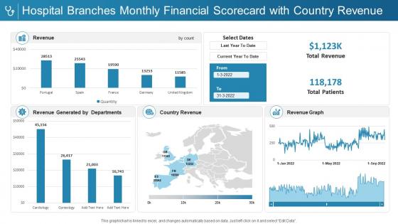 Hospital branches monthly financial scorecard with country revenue
