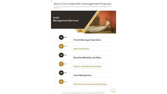 Hospitality Management Proposal About Our One Pager Sample Example Document