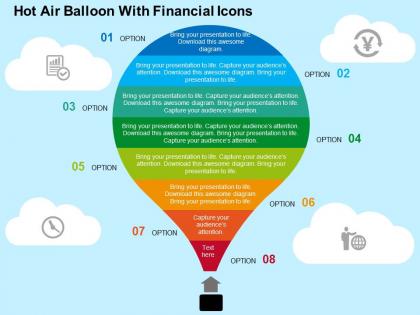 Hot air balloon with financial icons flat powerpoint design