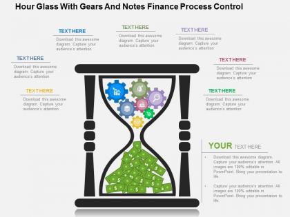 Hour glass with gears and notes finance process control flat powerpoint design