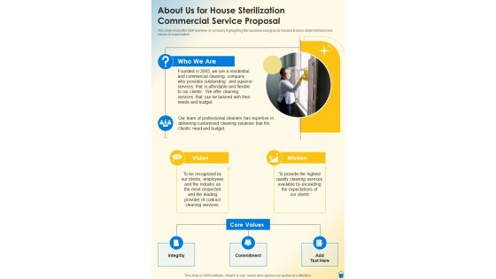 House Sterilization Commercial Service Proposal For About Us One Pager Sample Example Document