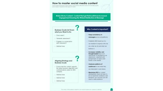How To Master Social Media Content Social Media Playbook One Pager Sample Example Document