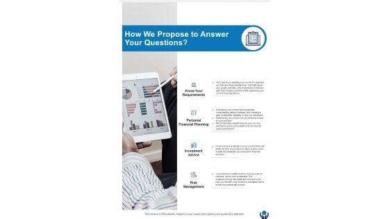 How We Propose To Answer Your Questions Investment Advice Proposal One Pager Sample Example Document